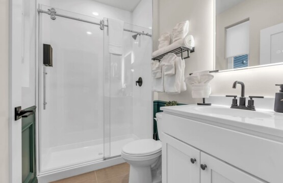 Bathroom with sink, mirror, toilet, towel holder above toilet, and shower visible.