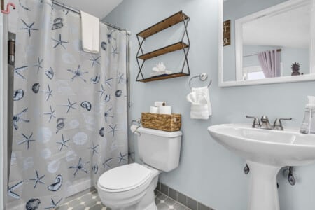 bathroom with toilet, sink with hand soap on it, mirror on the wall and shower covering curtain.