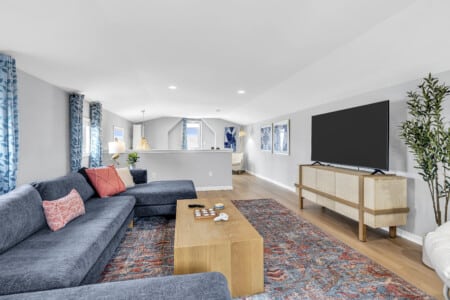 Living room with blue couch, red pillows, table with TV, windows with blue curtains, and green plant in the corner.