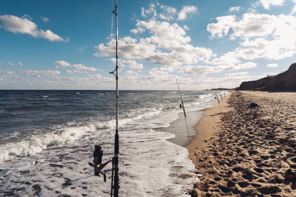 several fishing rods in a row on the beach